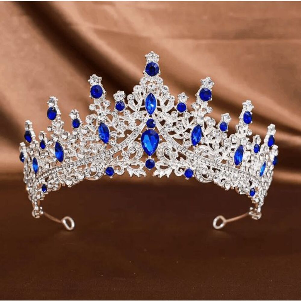 Wicked Silk Prom, Quinceanera Jeweled Crown Tiara Headband - Silver Sapphire Blu